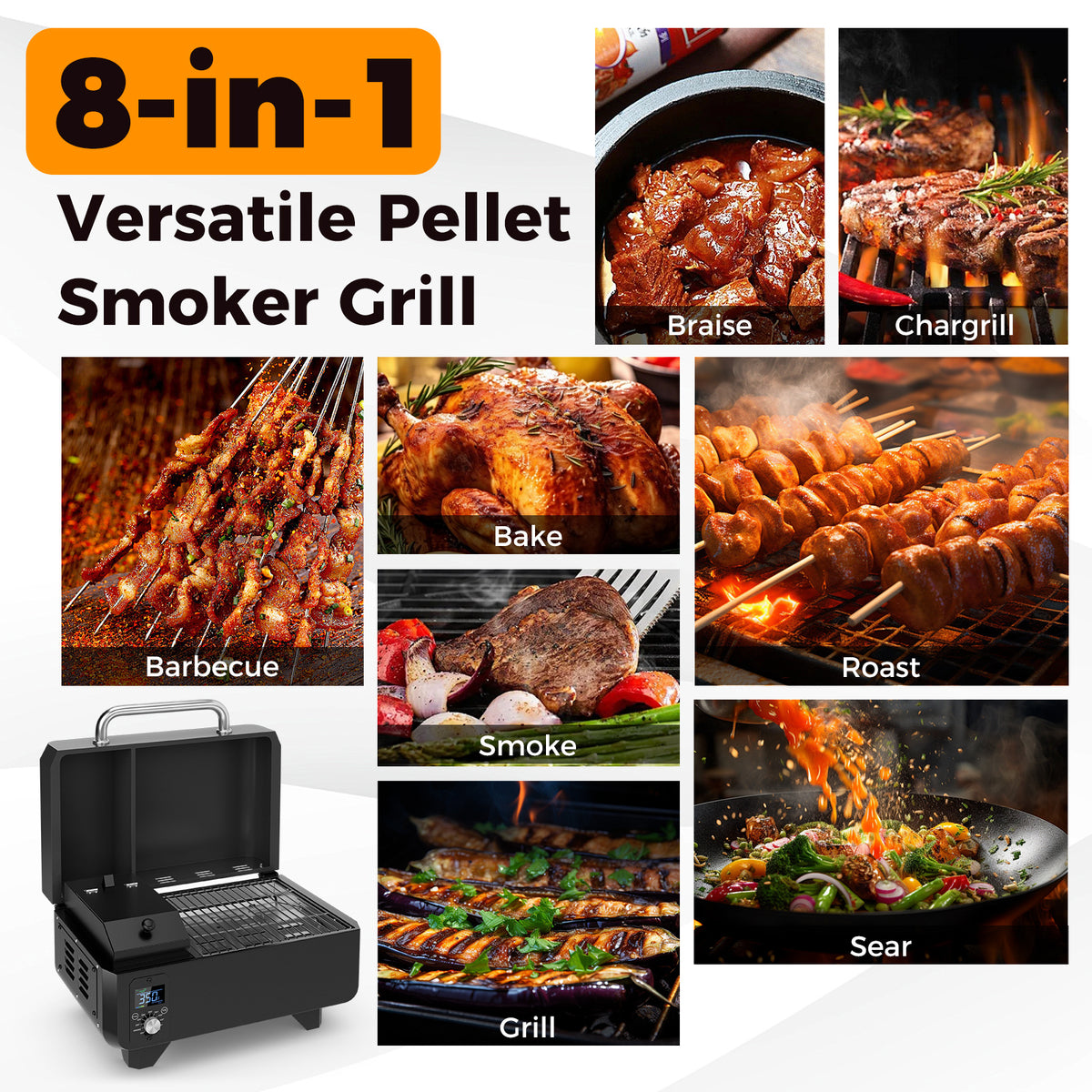 8-in-1 Portable Pellet Grill with Digital Control and Meat Probe for Backyard-Black