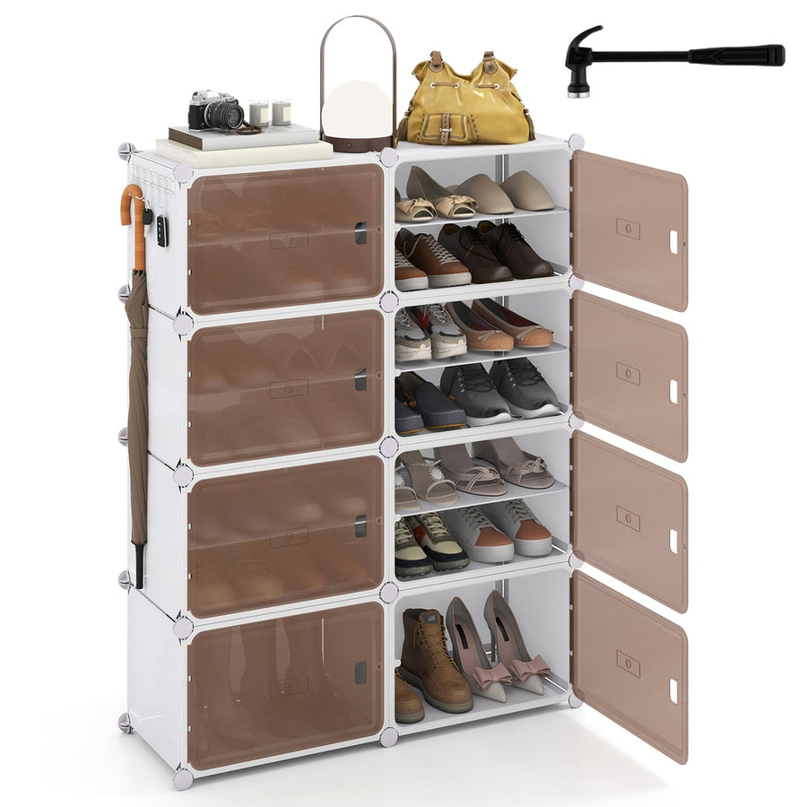 8 Tier Shoe Storage Cabinet with Removable Shelves showing shoes and accessories on shelves