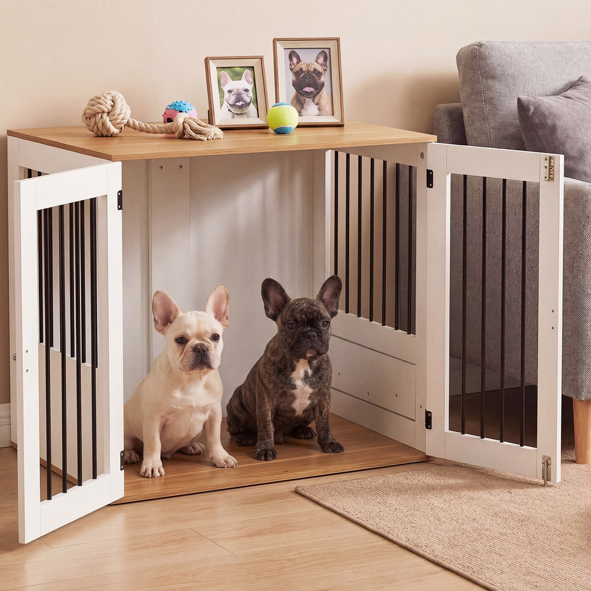 80 cm Indoor Wooden Dog Kennel with Double Lock Doors and 360° Rotating Feeder-White