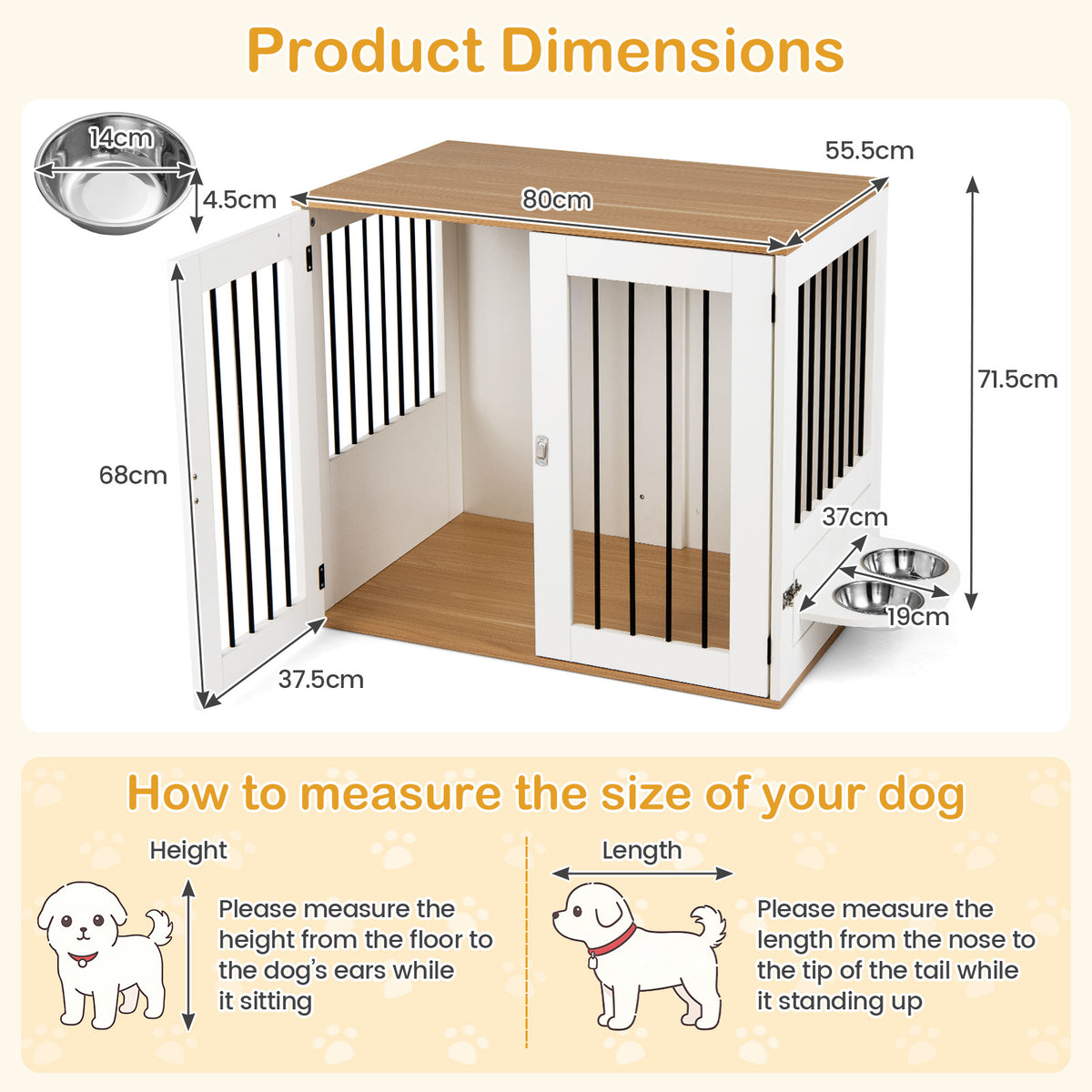 80 cm Indoor Wooden Dog Kennel with Double Lock Doors and 360° Rotating Feeder-White