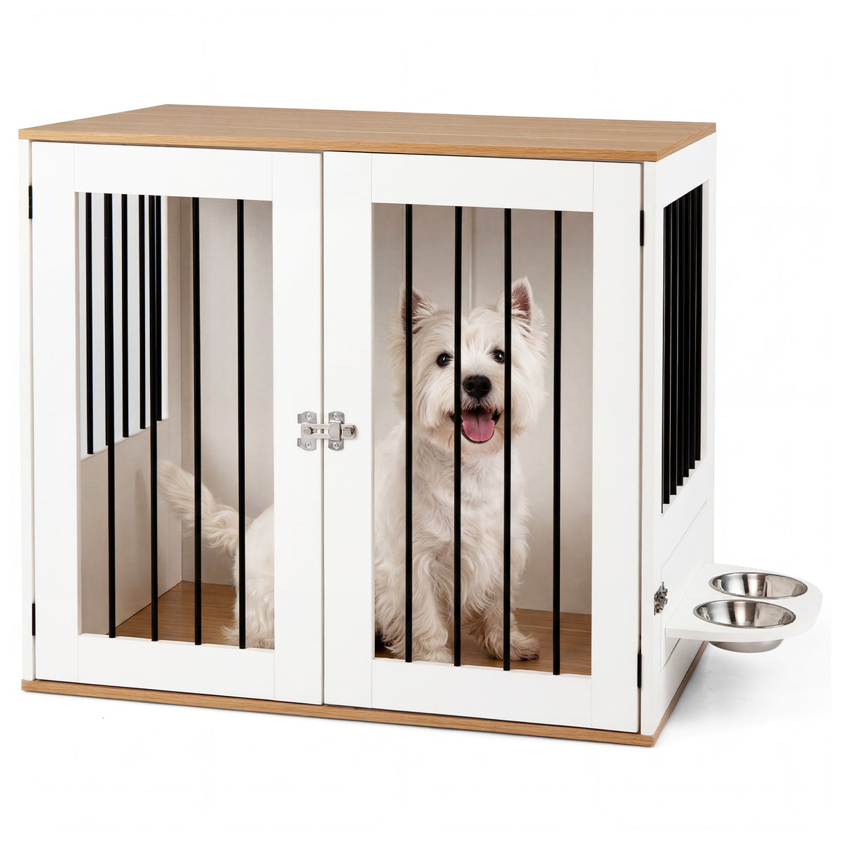 80 cm Indoor Wooden Dog Kennel with Double Lock Doors and 360° Rotating Feeder-White