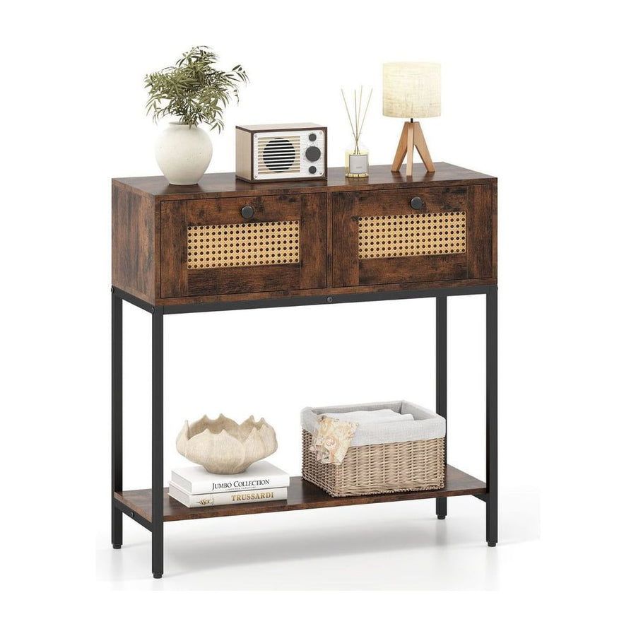 80 CM Boho Console Table with two drawers and a bottom shelf decorated with home accessories