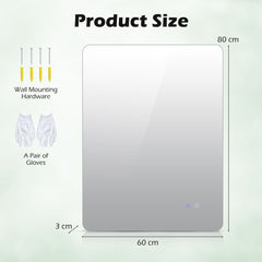 Product size diagram showing the 80 cm x 60 cm dimensions of the mirror and included wall mounting hardware
