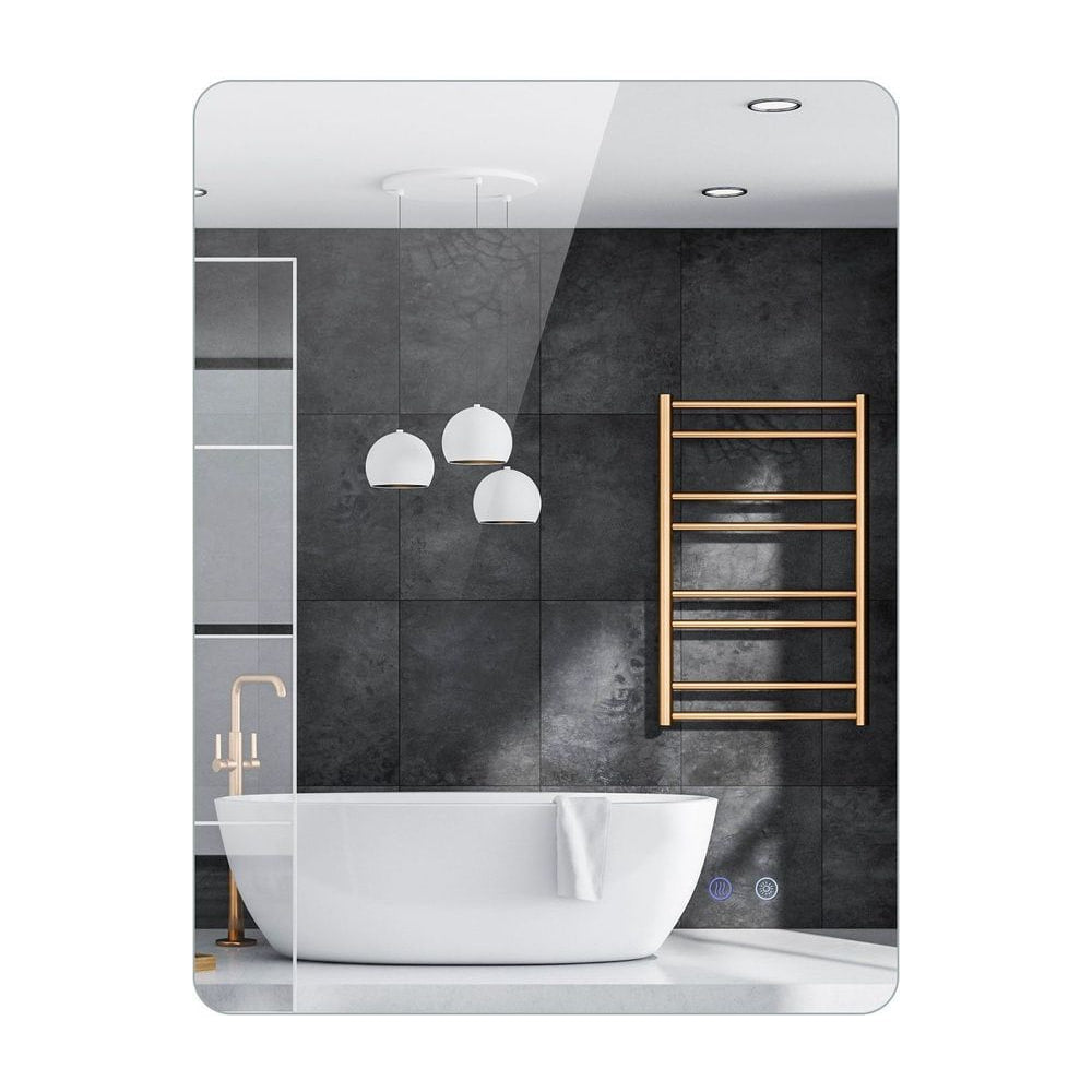 Rectangle LED Lighted Mirror reflecting a modern bathroom with a white bathtub and a gold towel rail