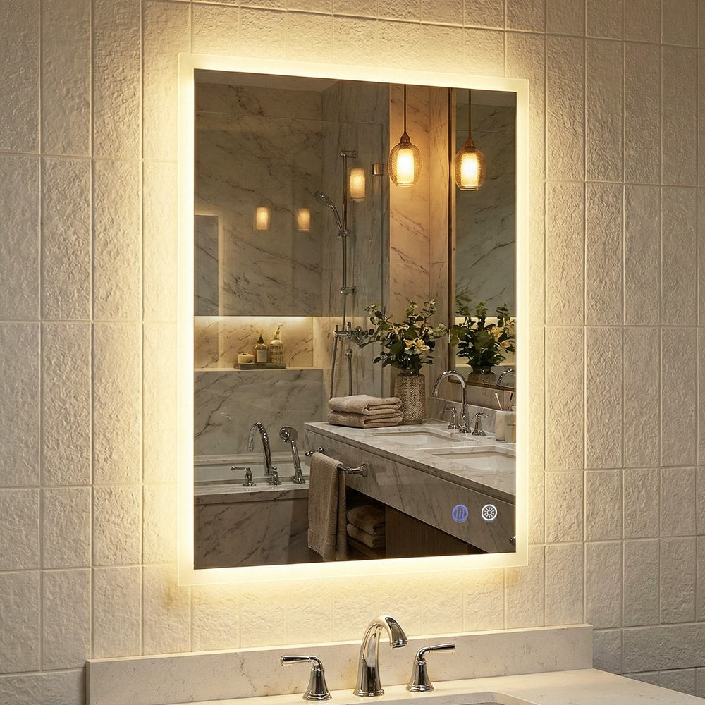 The illuminated bathroom mirror reflecting a marble tiled room with a bathtub and vanity