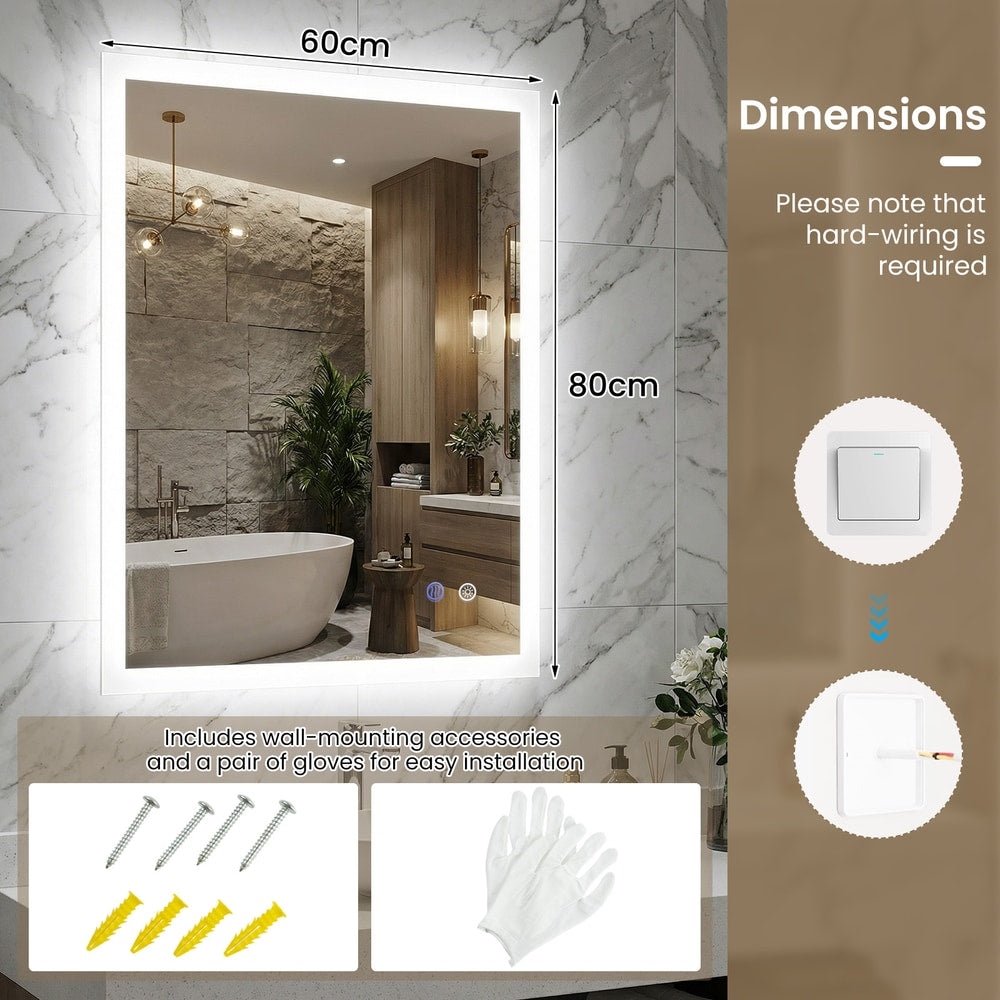 The wall mirror showing installation hardware including screws and protective gloves