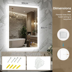 The wall mirror showing installation hardware including screws and protective gloves