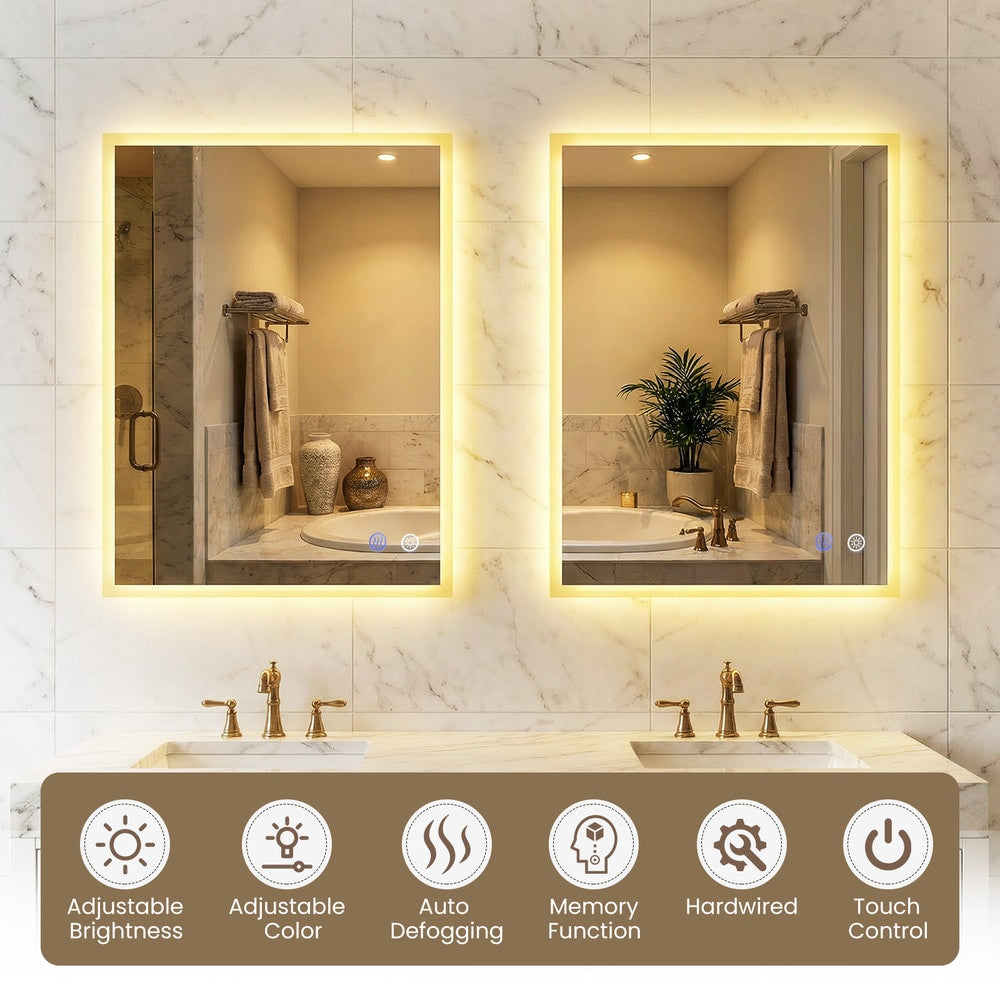 Two bathroom mirrors displayed side by side with icons showing various technical features