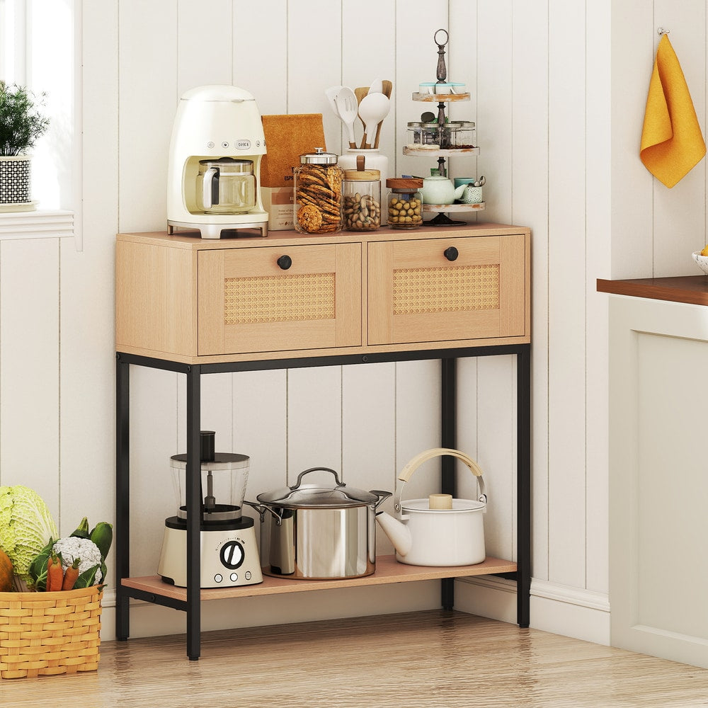 The console table used as a kitchen storage unit with appliances and kitchenware