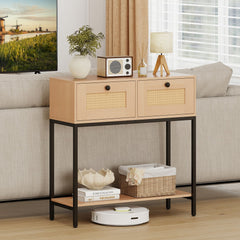 The console table positioned behind a sofa in a living room setting