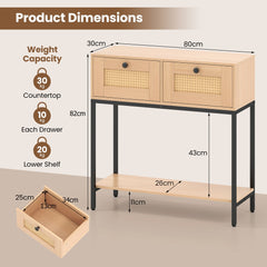 The console table showing dimensions and weight capacity with a drawer pulled out