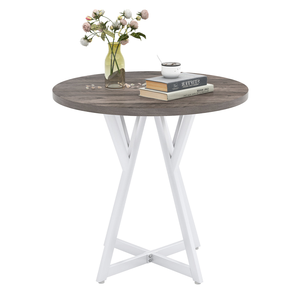 80cm Round Dining Table with Metal Pedestal Base and Adjustable Foot Pads-Natural