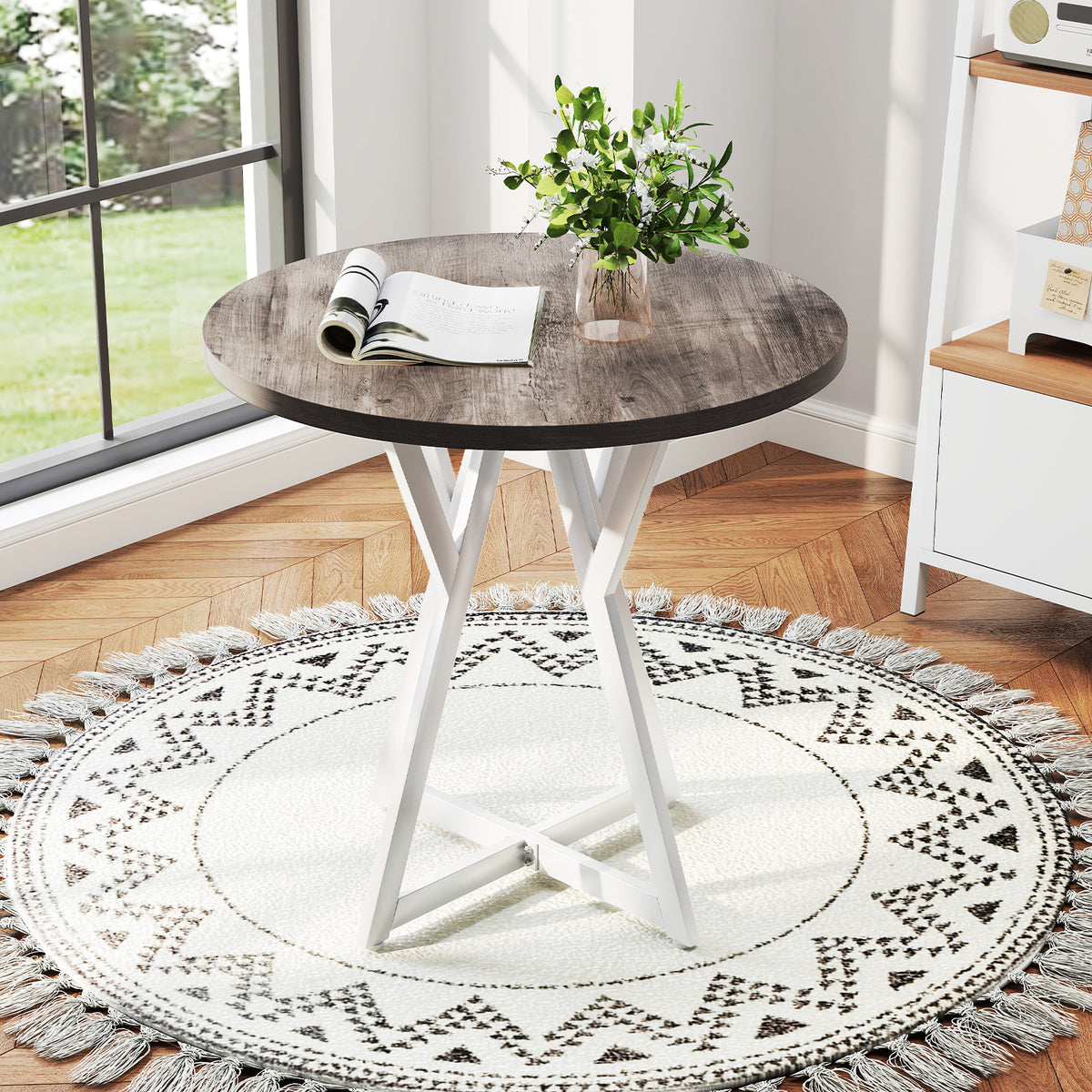 80cm Round Dining Table with Metal Pedestal Base and Adjustable Foot Pads-Natural