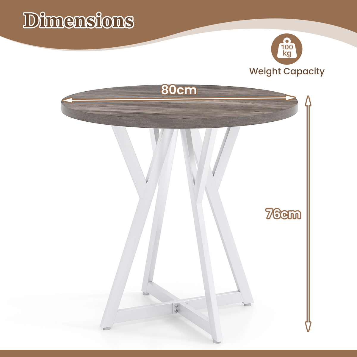 80cm Round Dining Table with Metal Pedestal Base and Adjustable Foot Pads-Natural