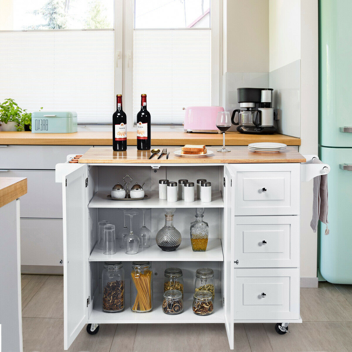 Kitchen Island Cart on Wheels with 3 Drawers and 2-door Cabinet-White