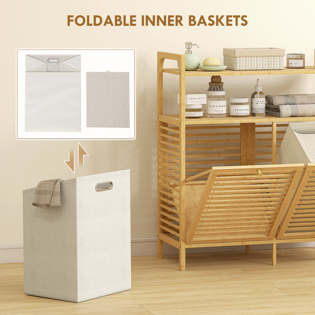HOMCOM Double Tilt Out Bamboo Laundry Cabinet, Freestanding Bathroom Cabinet with 2 Removable Baskets, Natural