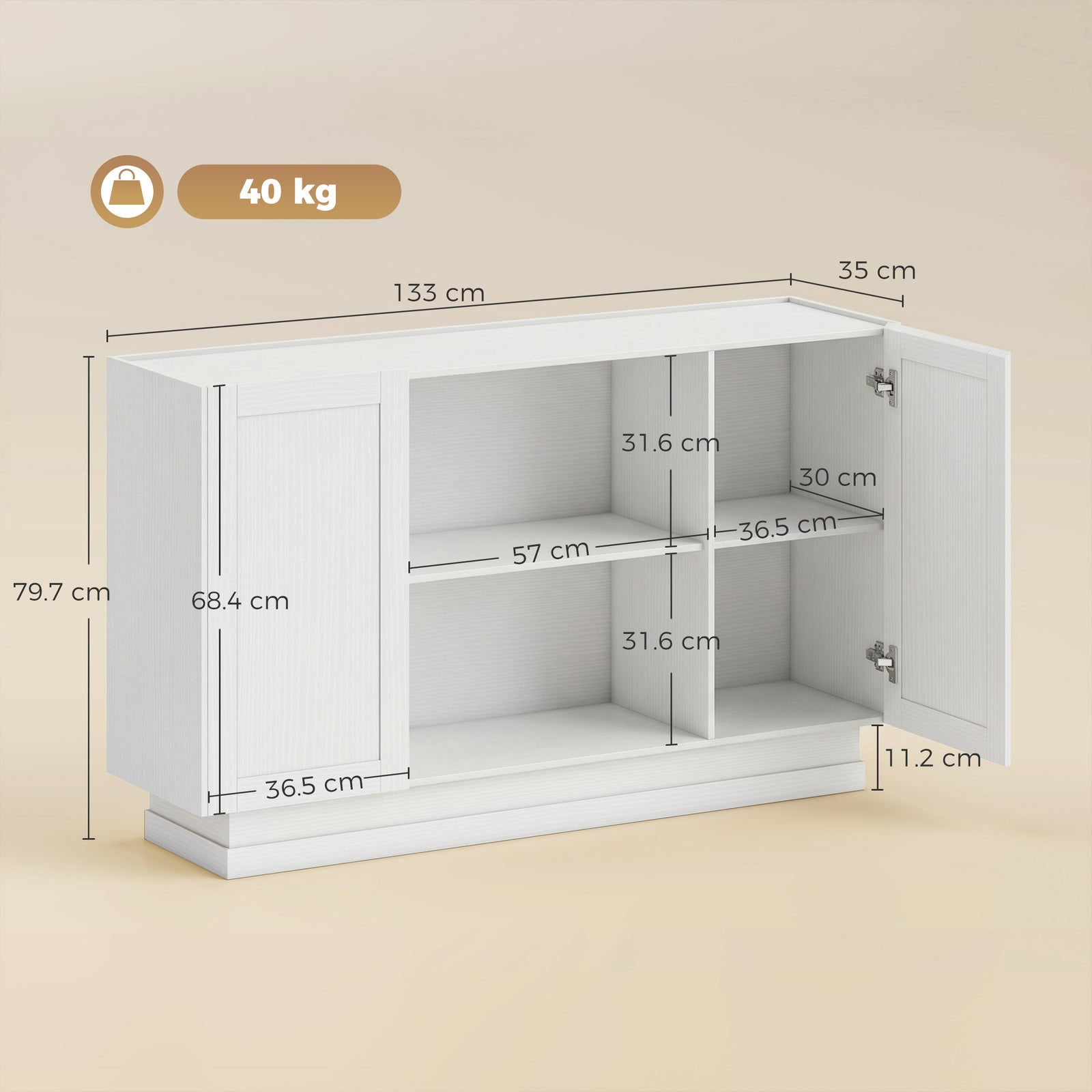 HOMCOM Sideboard Buffet Cabinet, 133 cm Storage Cabinet with 2 Open Shelves, 2 Cupboards and Soft Close Doors, White