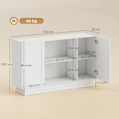 HOMCOM Sideboard Buffet Cabinet, 133 cm Storage Cabinet with 2 Open Shelves, 2 Cupboards and Soft Close Doors, White