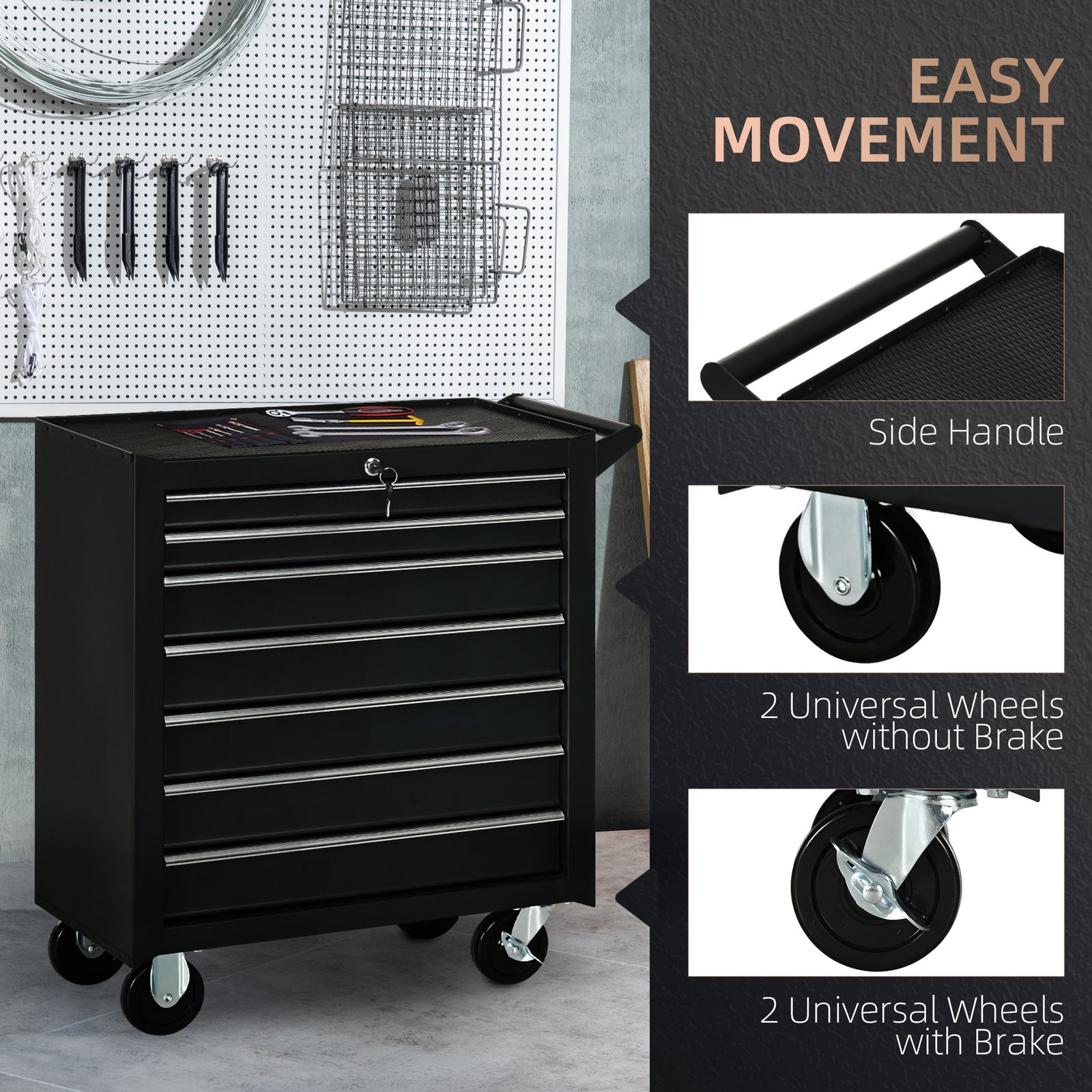DURHAND 7-Drawer Tool Box on Wheels, Lockable Tool Cabinet with EVA Pat & Ball Bearing, Matte Black