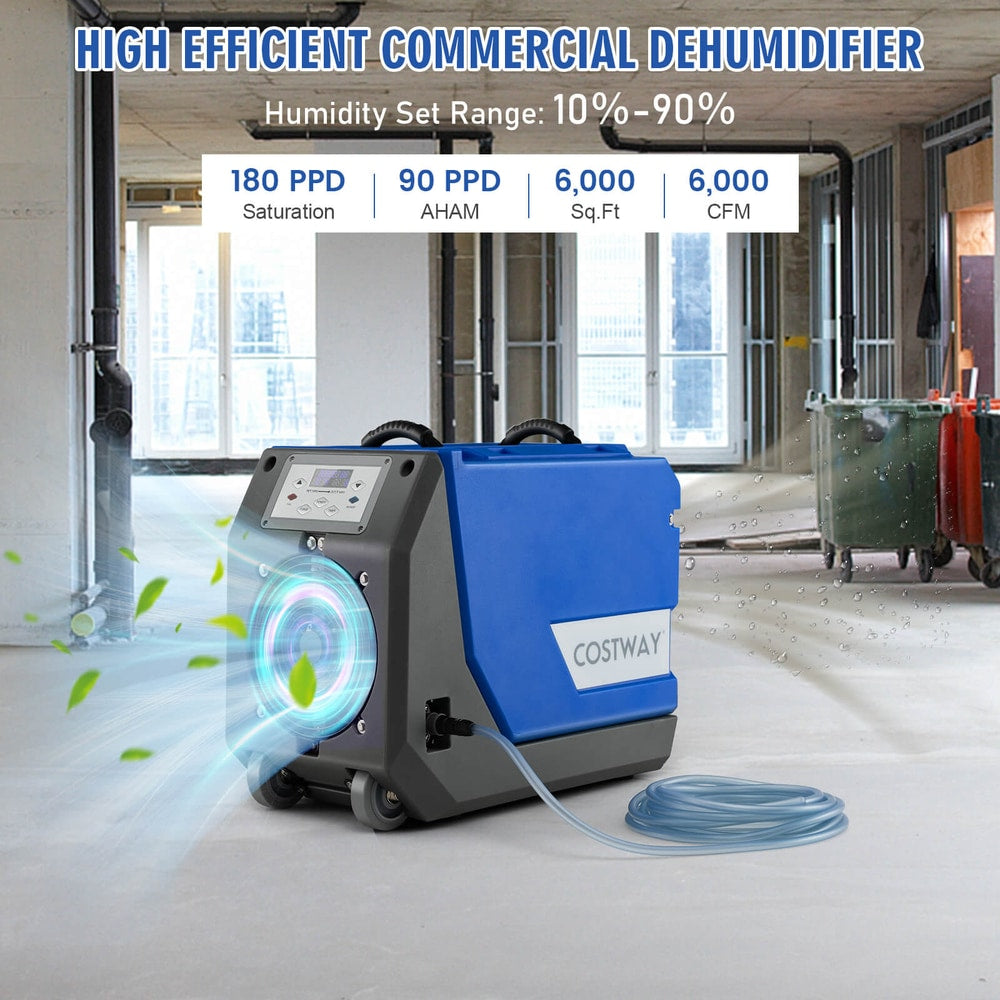 Commercial dehumidifier in operation, showing airflow and humidity settings