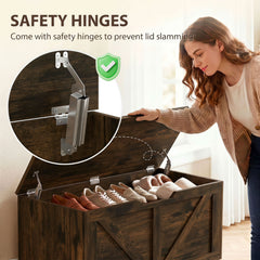 HOMCOM 127L Home Storage Box, with Safety Hinges - Rustic Brown Wood-Effect