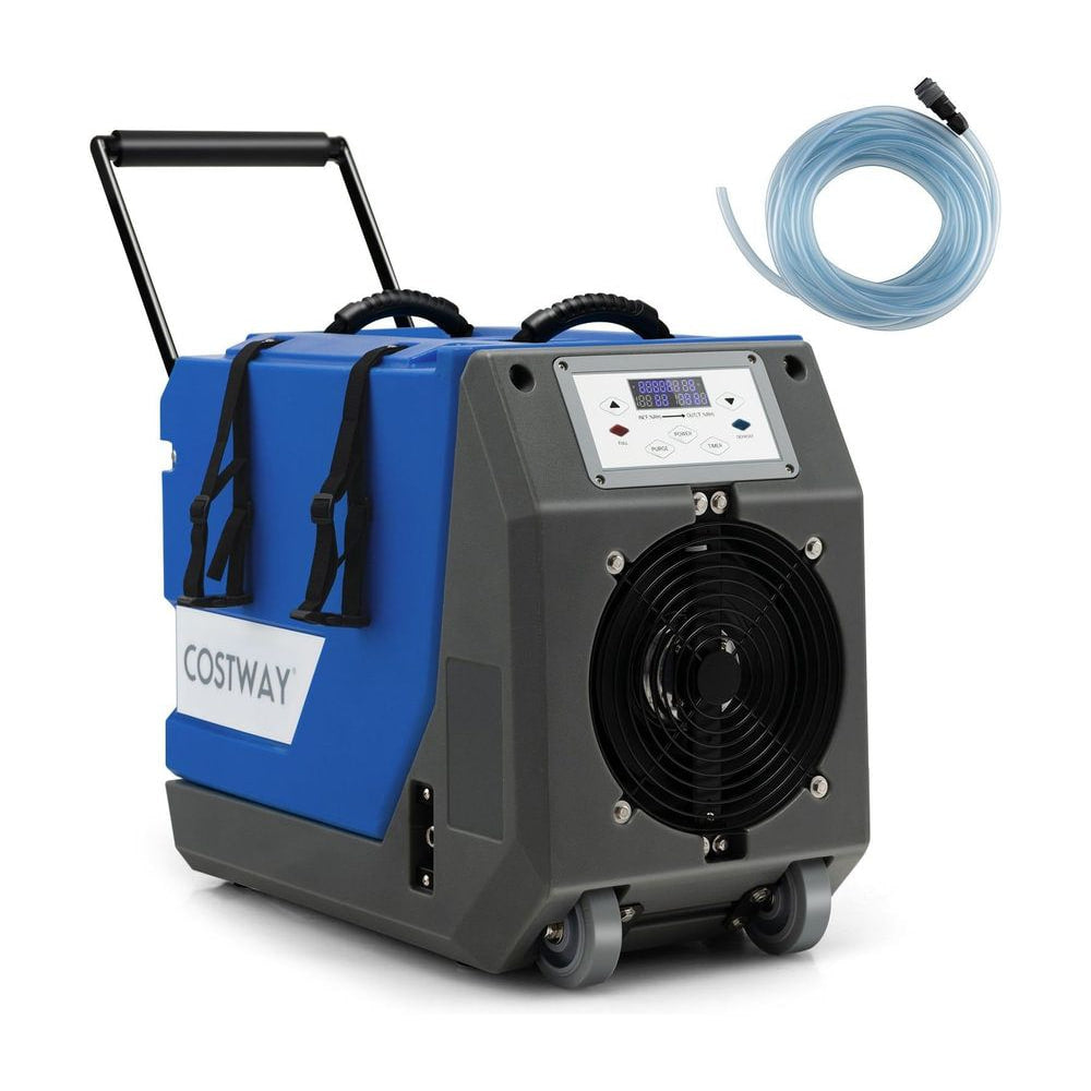 85L/Day Commercial Dehumidifier with Pump and 24H Timer in blue and grey with wheels and a handle