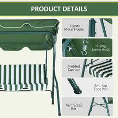 Outsunny 3 Seater Garden Swing Seat Chair Outdoor Bench with Adjustable Canopy and Metal Frame, Green Stripes - product image