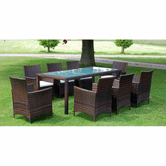 9 Piece Outdoor Dining Set with Cushions Poly Rattan Brown 8x chair + table (glass top) 190 x 90 cm