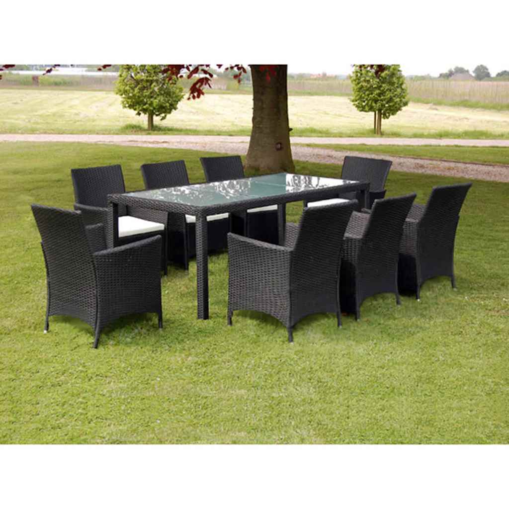 9 Piece Outdoor Dining Set with Cushions Poly Rattan Black 8x chair + table (glass top) 190 x 90 cm