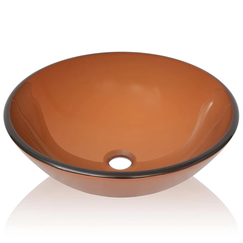 Bathroom Sink with Tap and Push Drain Tempered Glass Brown No tap