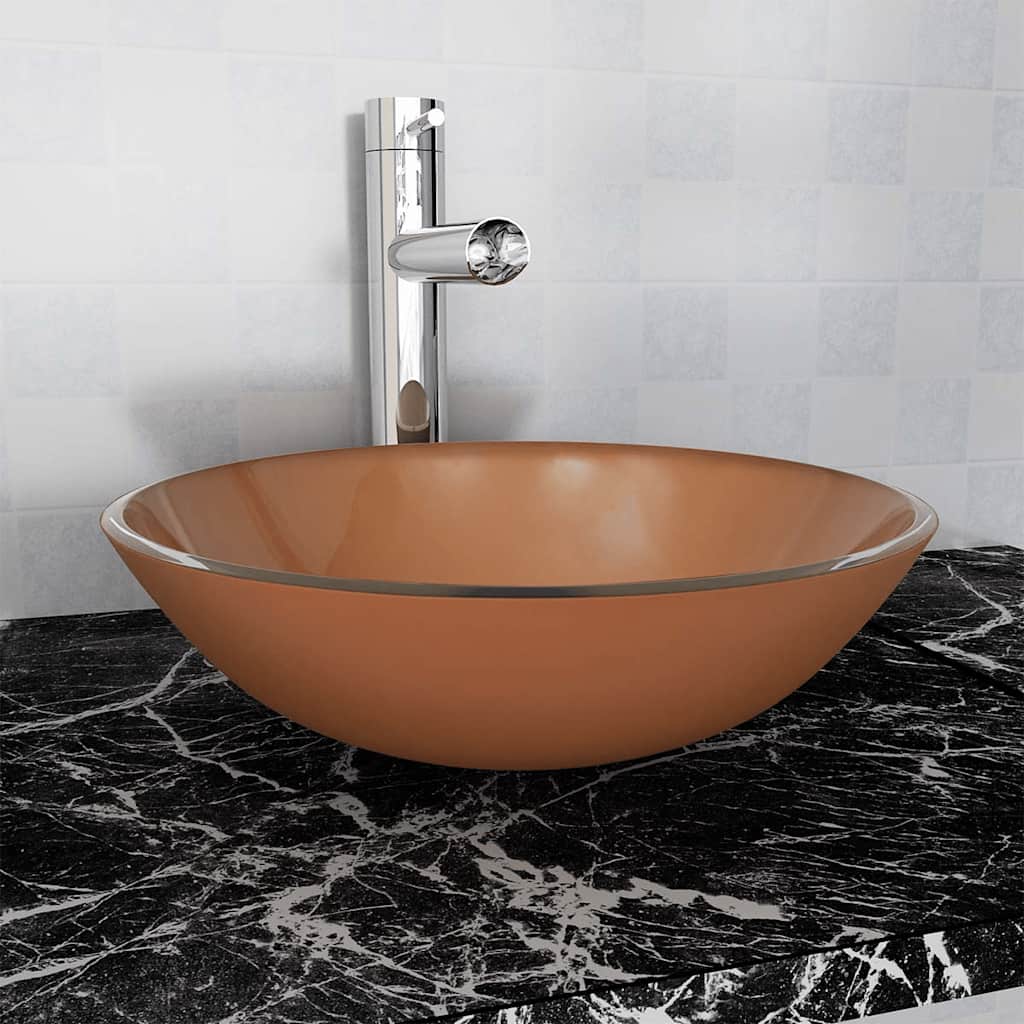 Bathroom Sink with Tap and Push Drain Tempered Glass Brown No tap