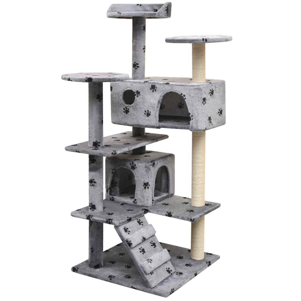 Cat Tree with Sisal Scratching Posts 125 cm Grey with paw prints 67 cm 67 cm