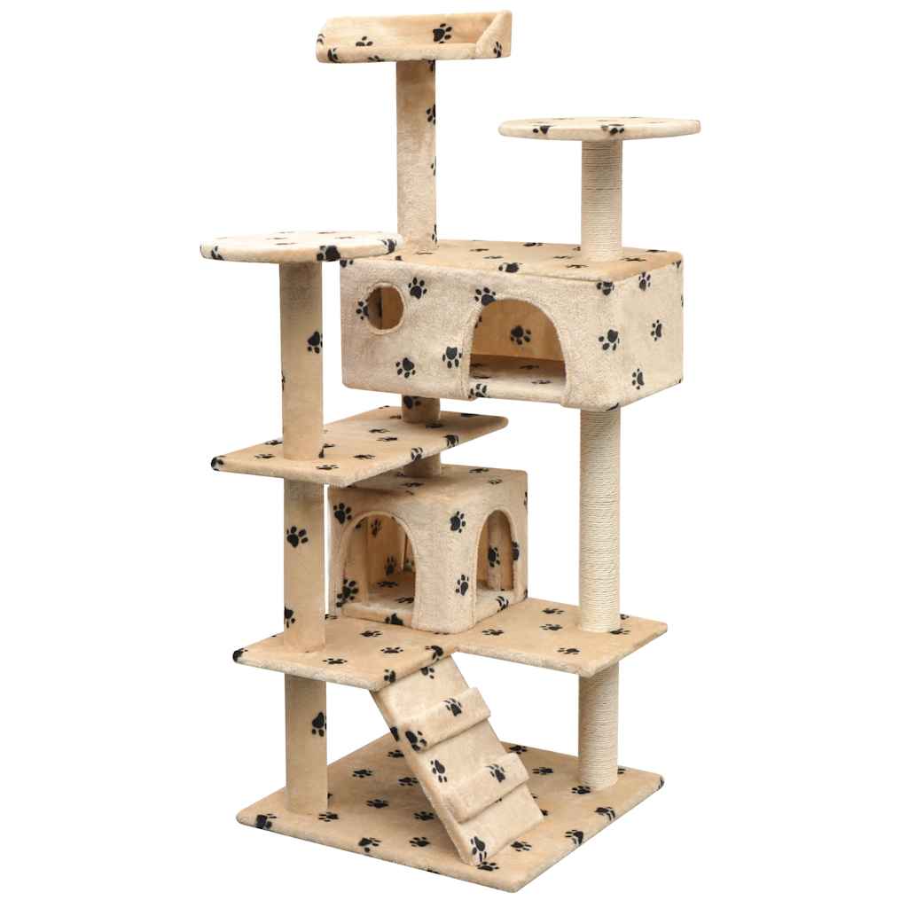 Cat Tree with Sisal Scratching Posts 125 cm Beige with paw prints 67 cm 67 cm