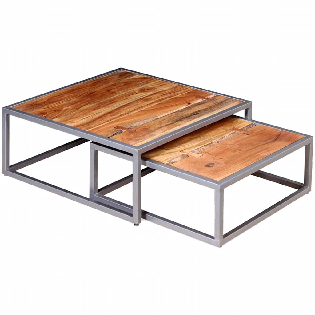 Two Coffee Table Set Solid Acacia Wood Brown and grey