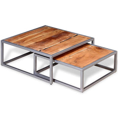 Two Coffee Table Set Solid Acacia Wood Brown and grey