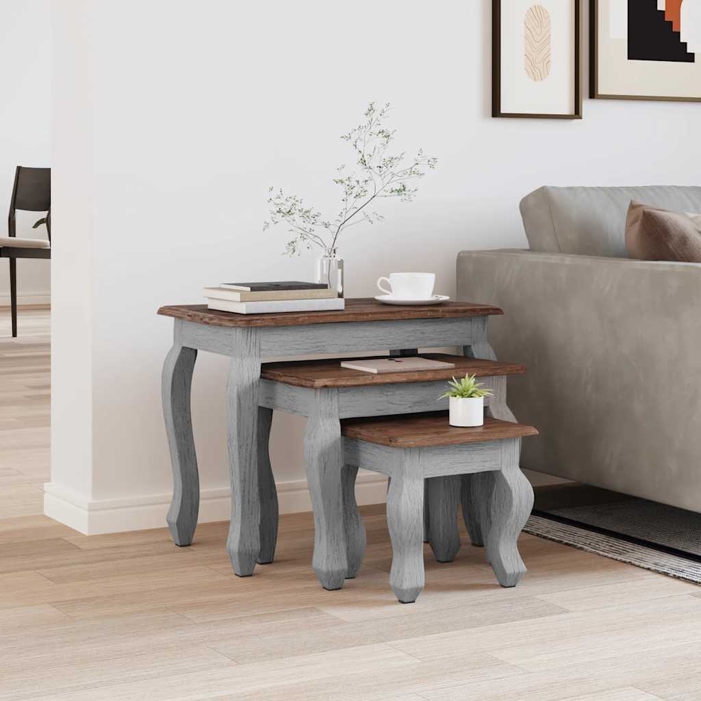 Nesting Table 3 pcs Brown Solid Mahogany wood Brown and white