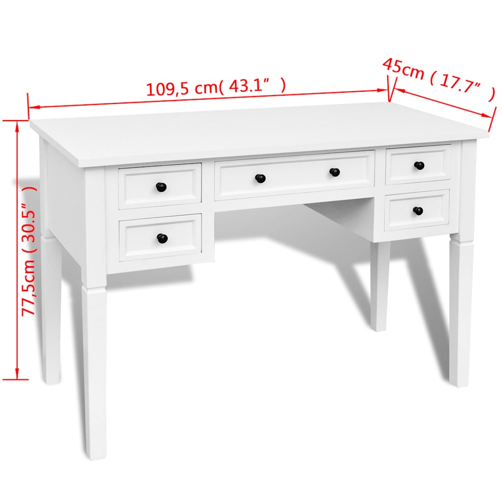 Writing Desk with 5 Drawers White