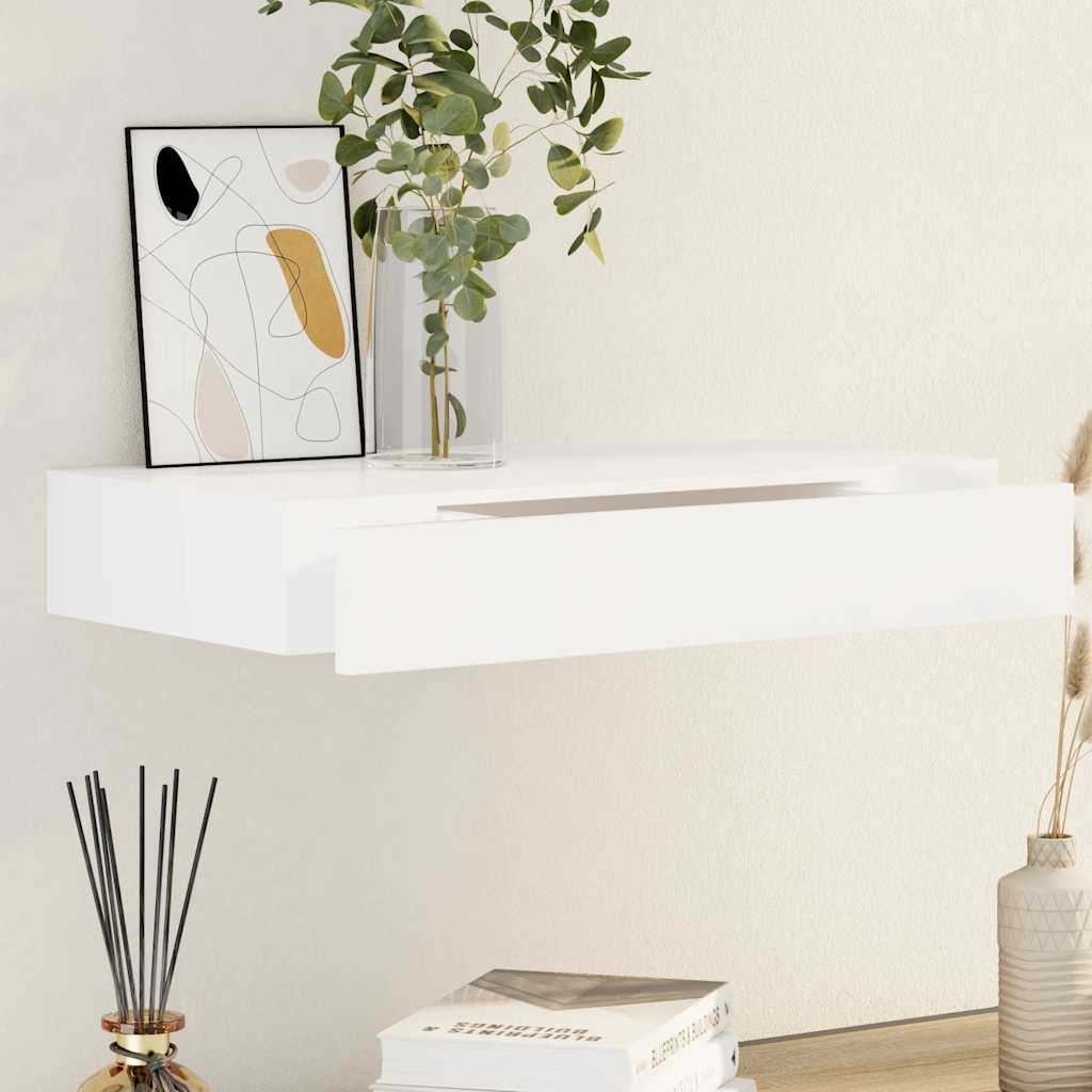 White MDF Floating Wall Display Shelf 1 Drawer Book/DVD Storage 1