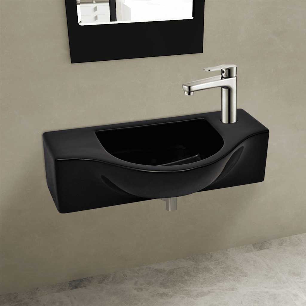 Ceramic Bathroom Sink Basin with Faucet Hole Black 1