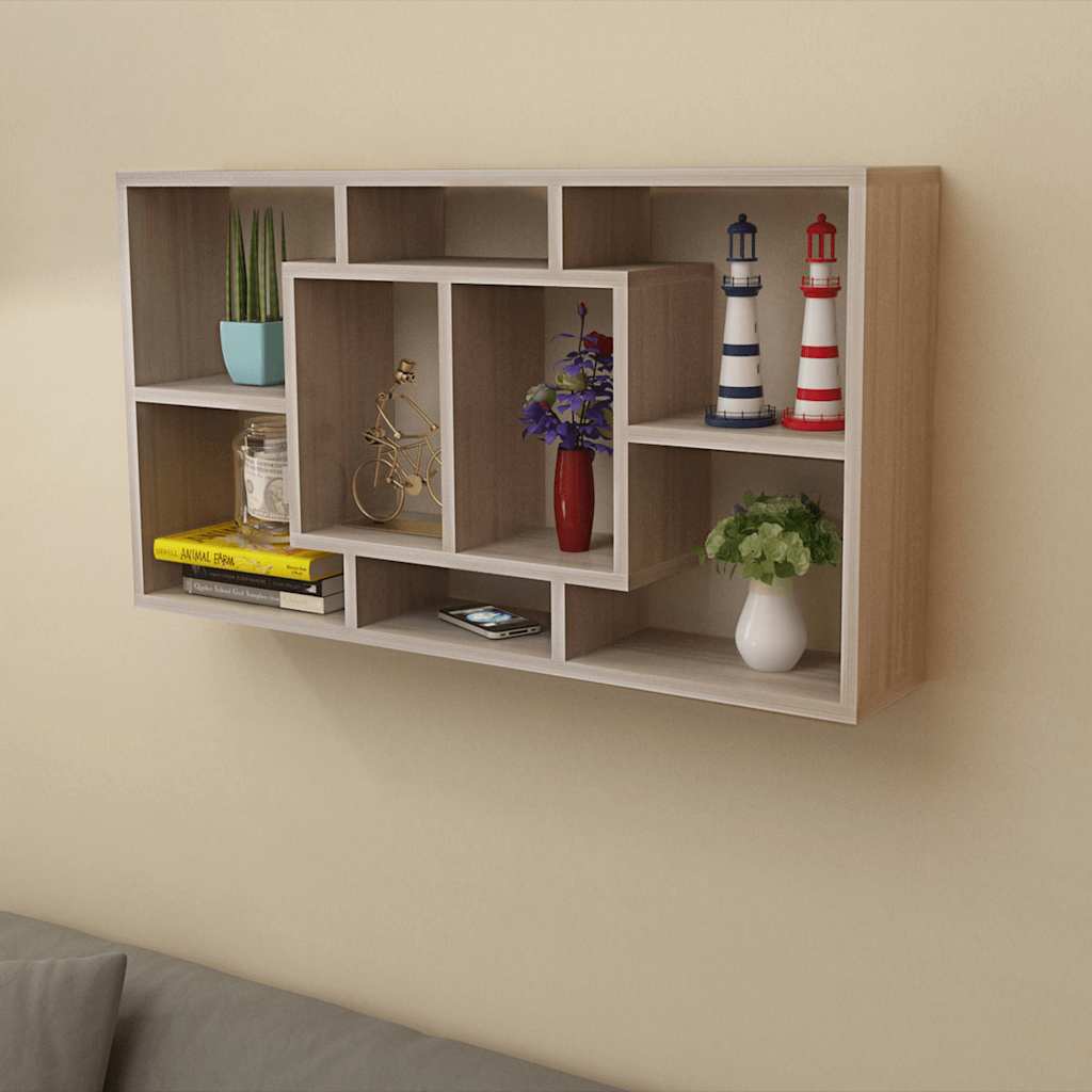242549 Floating Wall Display Shelf 8 Compartments Oak Colour 1