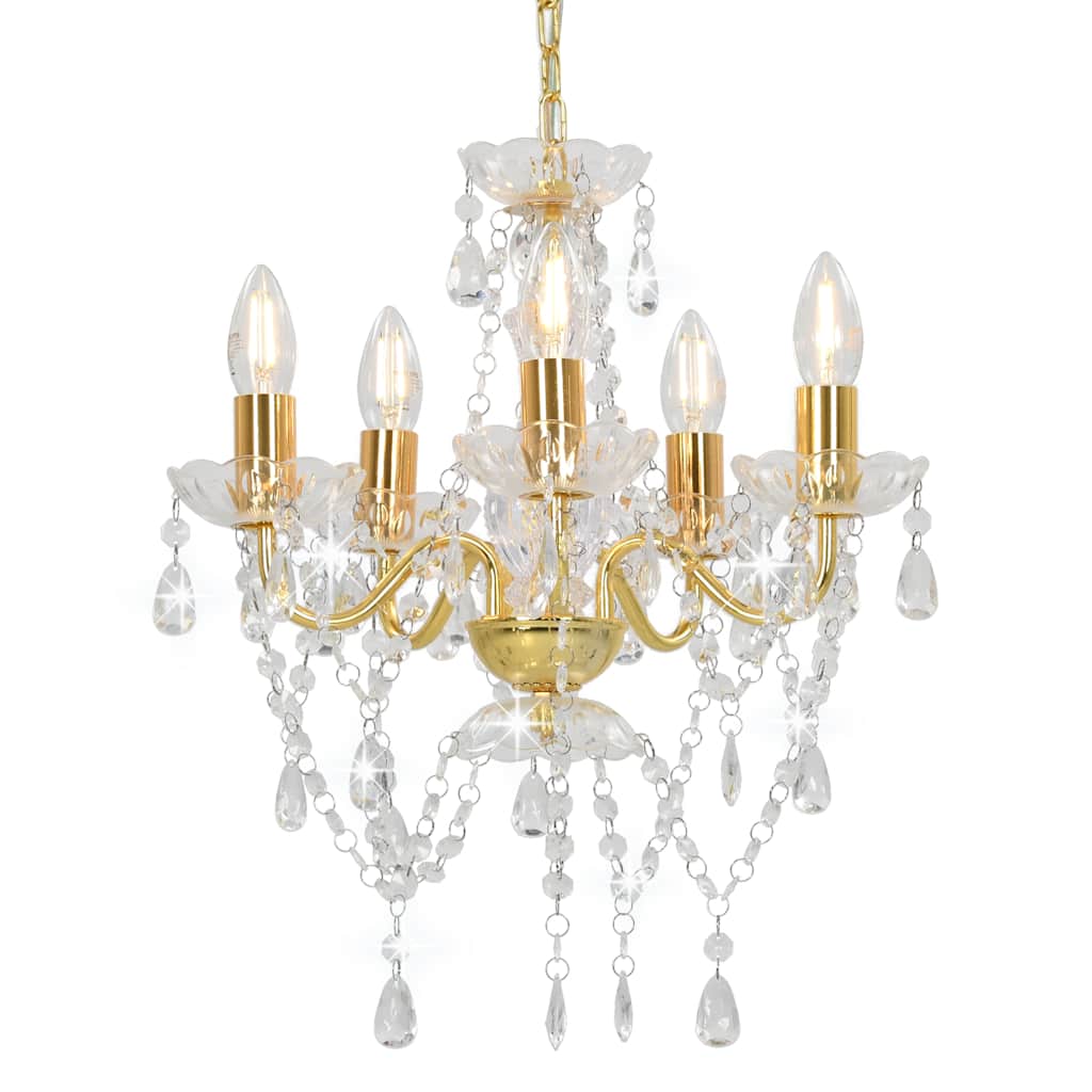 Chandelier with Crystal Beads Round 5 x E14 Gold