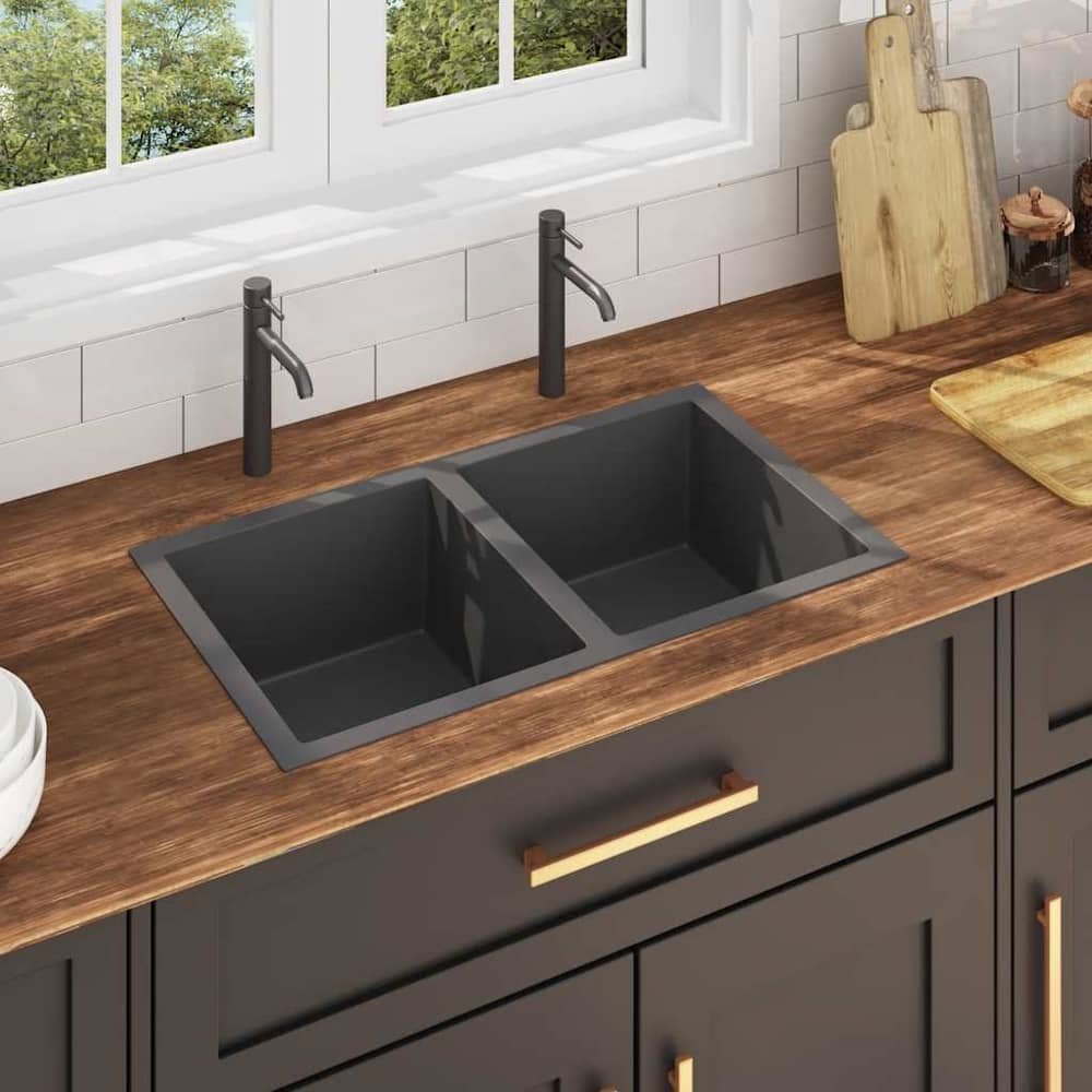 Handmade Kitchen Sink Stainless Steel Black 76 cm 44 cm two sinks