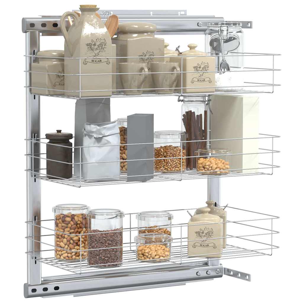 vidaXL 3-Tier Pull-out Kitchen Wire Basket Silver 47x25x56 cm 3