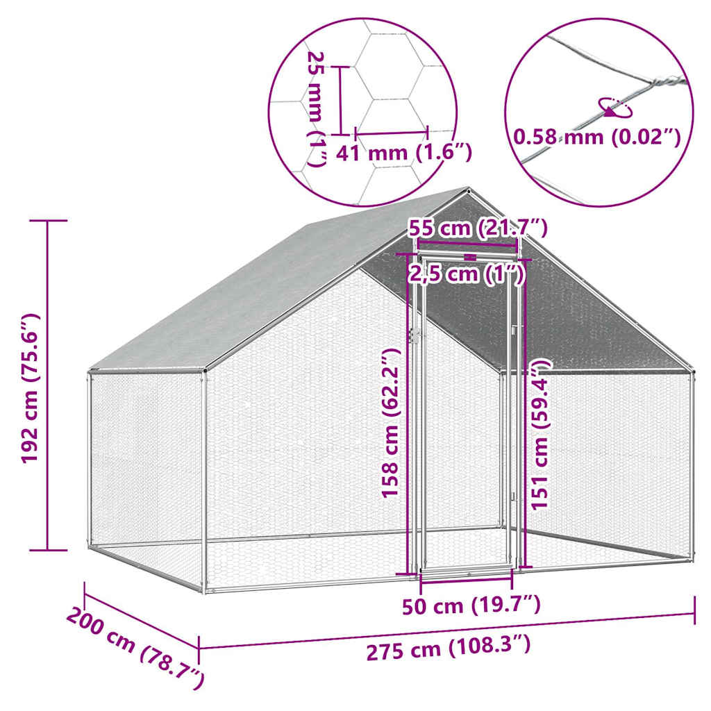 Outdoor Chicken Cage 2,75x2x1,92 m Galvanised Steel 2.75 x 2 x 1.92 m