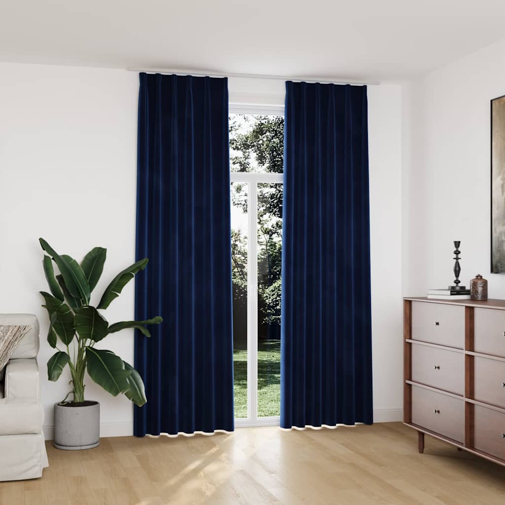 Blackout Curtains 2 pcs with Hooks Velvet Dark blue 140 x 245 cm