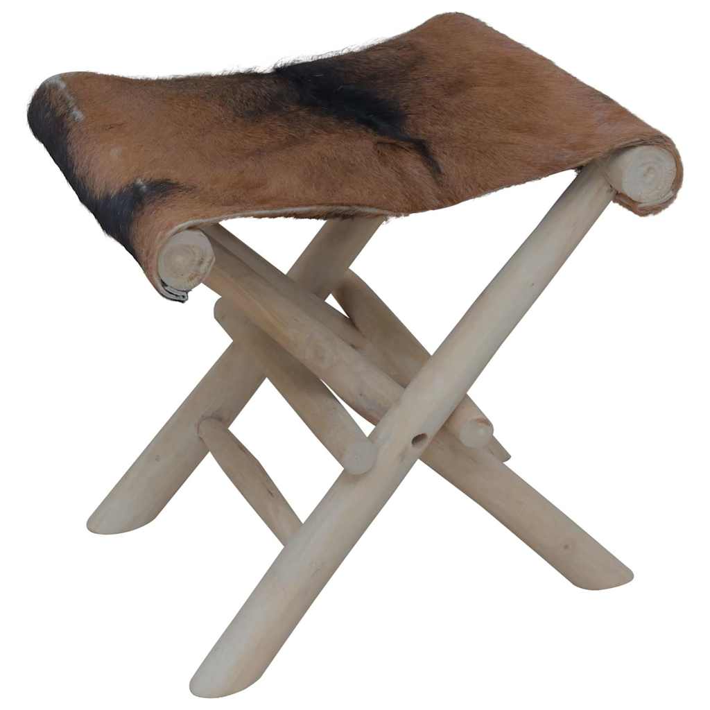 288815 vidaXL Folding Stool Goatskin Leather and Solid Teak Wood 1