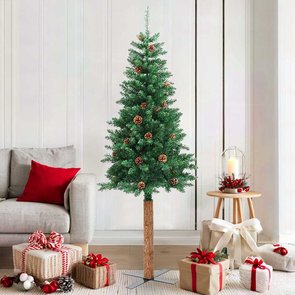 vidaXL Slim Christmas Tree with Real Wood and Cones Green 180 cm PVC 1