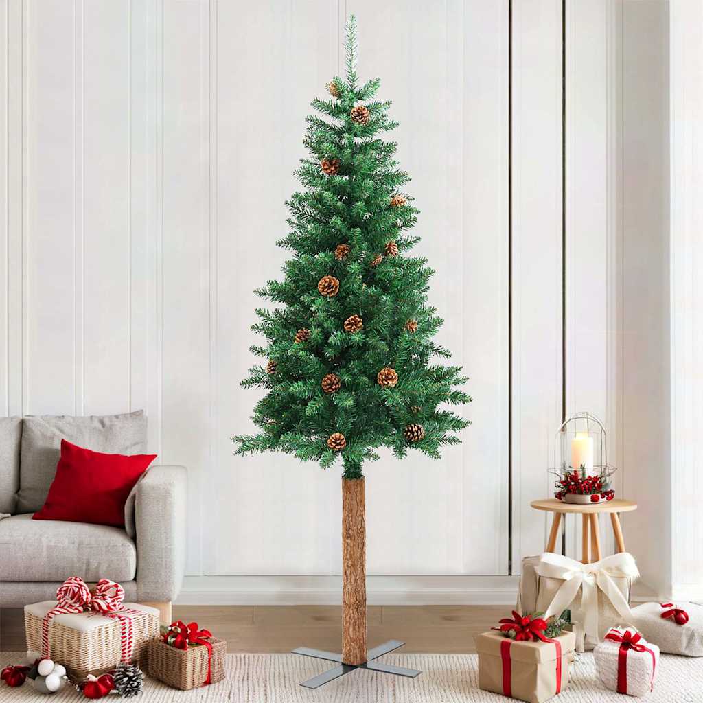 vidaXL Slim Christmas Tree with Real Wood and Cones Green 150 cm PVC