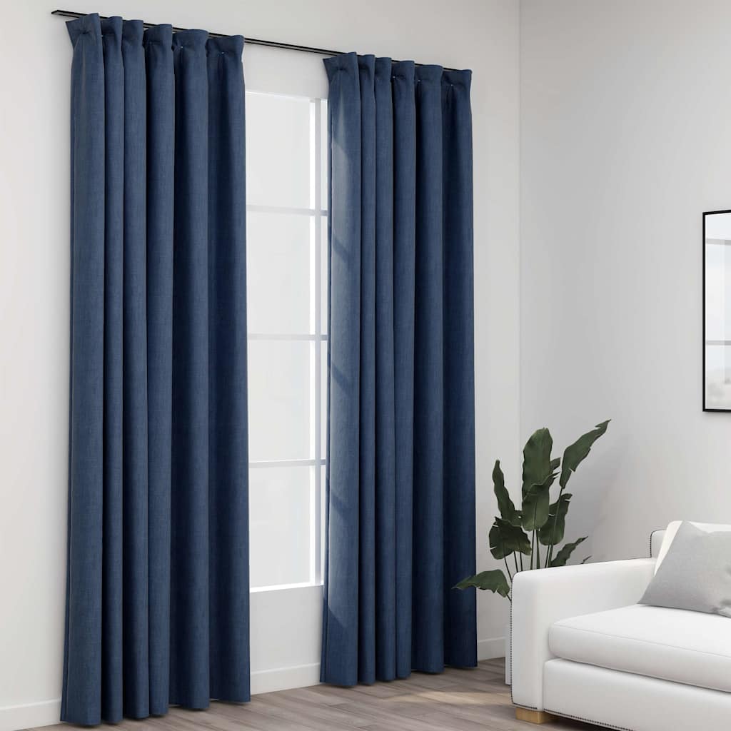 vidaXL Linen-Look Blackout Curtains with Hooks 2 pcs Blue 140x245 cm 1