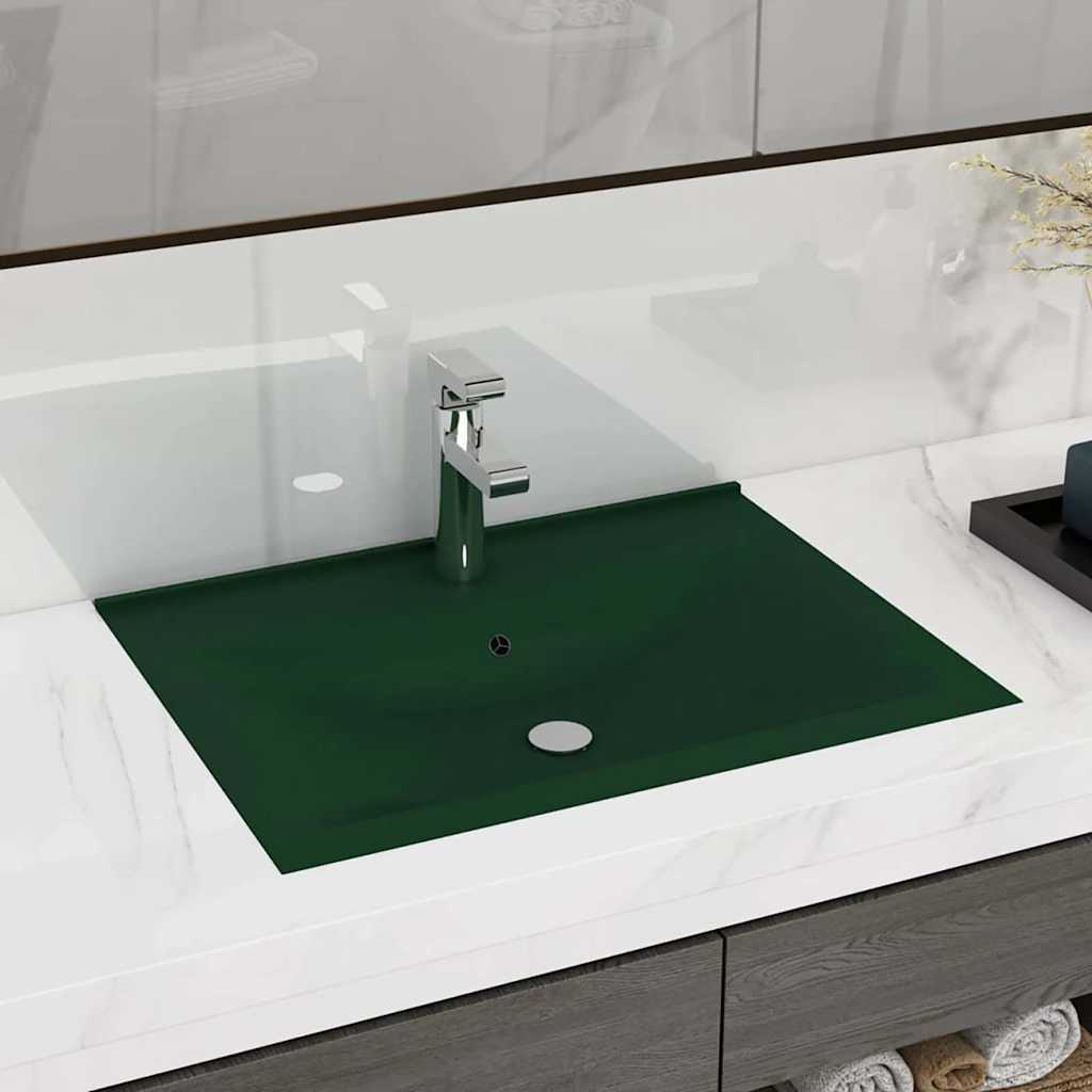 Luxury Ceramic Basin Rectangular Sink with Faucet Hole 60 x 46 cm Matte dark green
